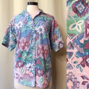 VTG 80s Caribou NY Printed Floral Western Pastel Button Down Hawaiian Shirt